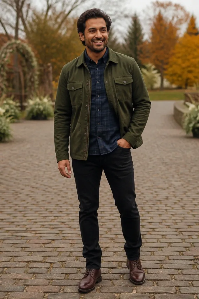 Blue flannel under an olive overshirt with black jeans and brown boots