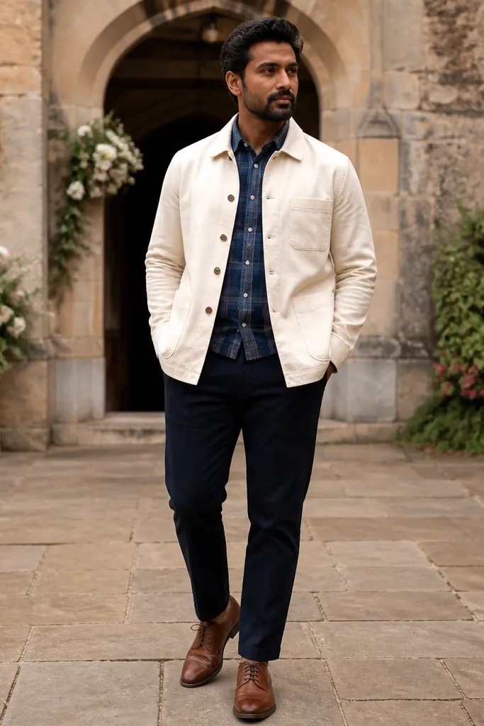 Blue flannel under a cream chore jacket with dark navy trousers and brown shoes