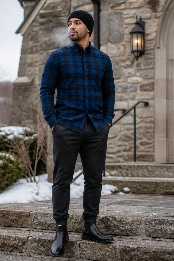 Blue flannel with a black beanie and tailored joggers and leather boots