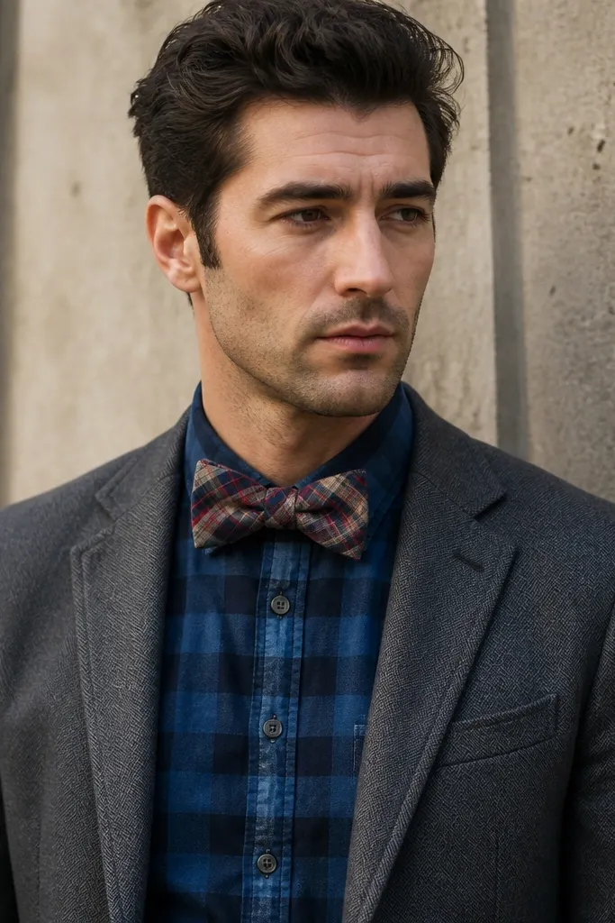 Blue flannel with a plaid bow tie under a gray blazer
