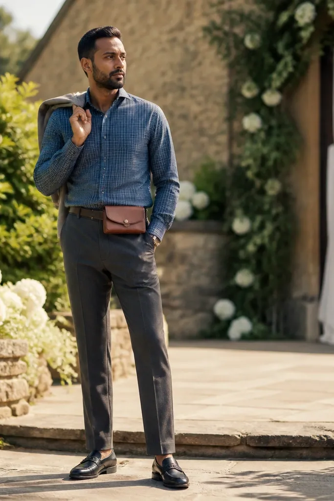 Blue flannel with suit trousers and a small leather belt bag