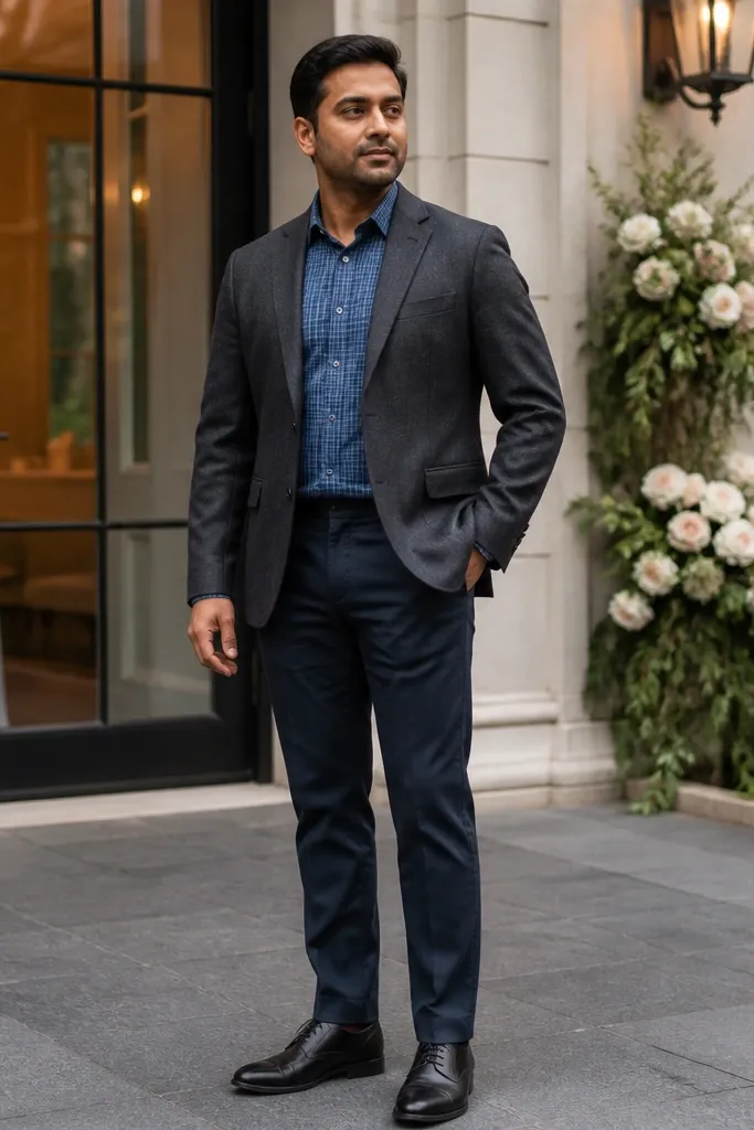 Blue flannel under a dark suit jacket with no tie and leather shoes