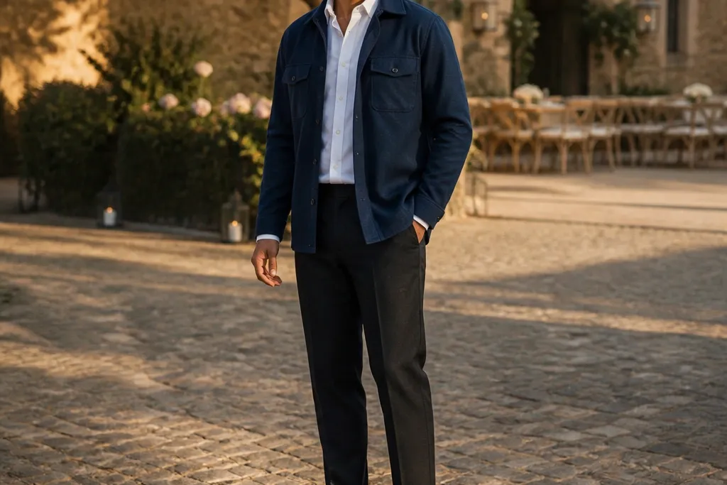 Blue flannel wedding guest outfits for men