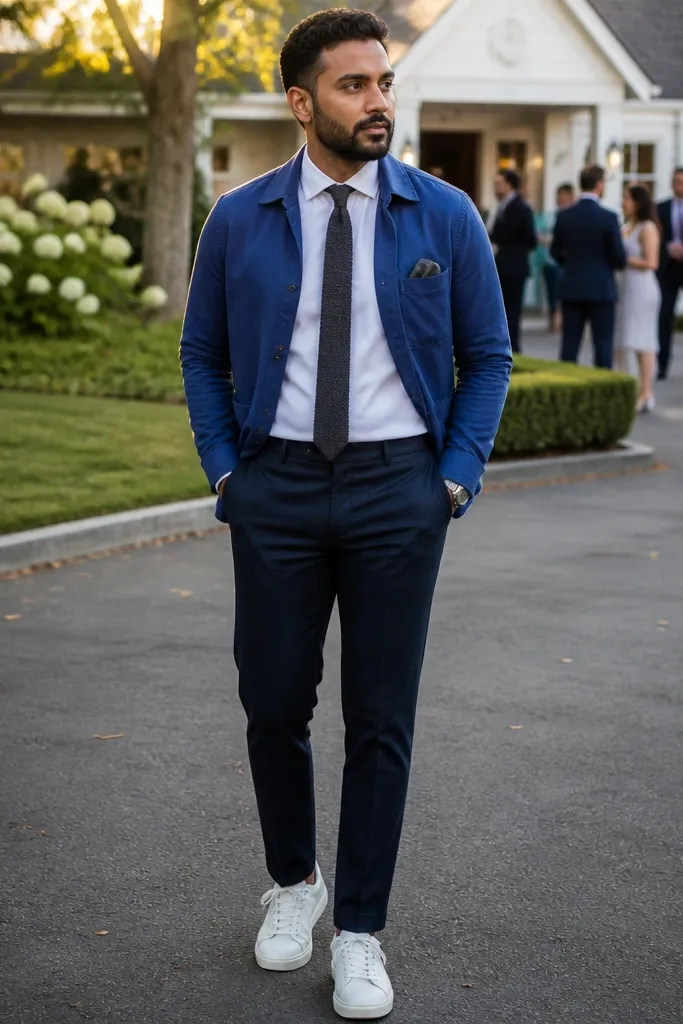 Blue flannel wedding guest outfits for men