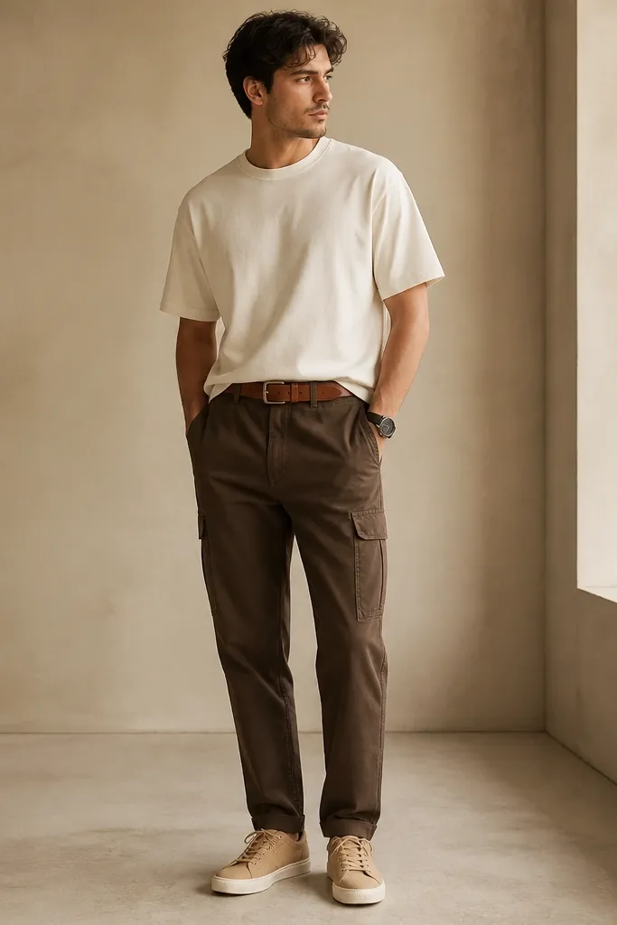 A man wearing medium-chocolate brown cargo pants with a straight-to-slightly-tapered leg. He has a cream heavyweight T-shirt tucked in just the front, and tan low-top sneakers. A simple black watch and a belt with a light brown strap are visible.