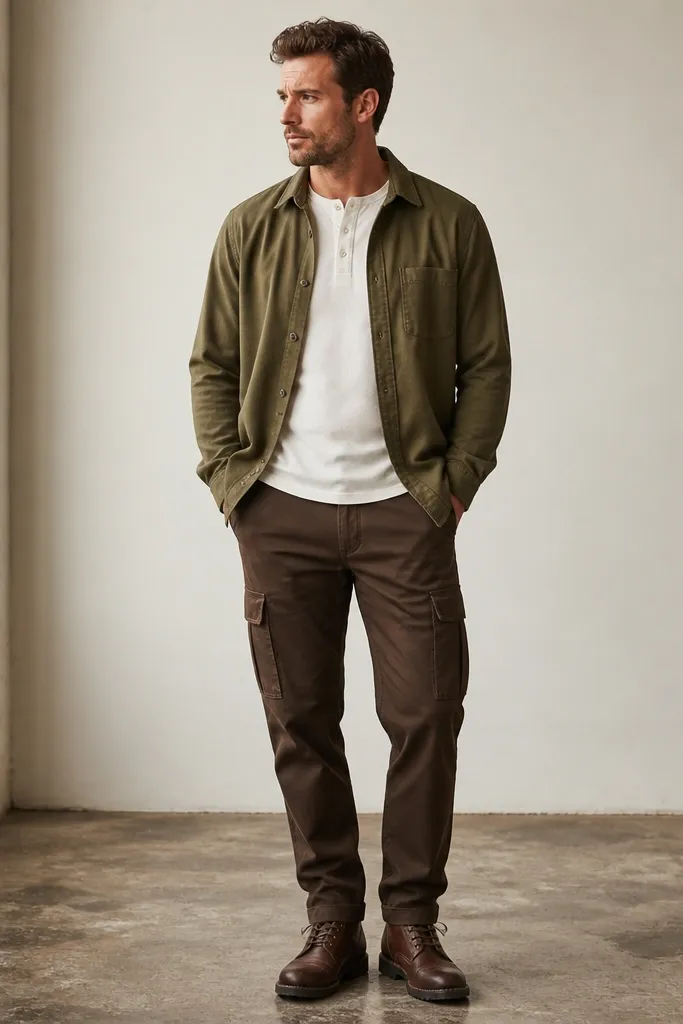 A man in olive button-up overshirt layered over a plain white henley. He wears chocolate brown cargo pants and dark brown lace-up boots. The overshirt is left open with the collar showing.