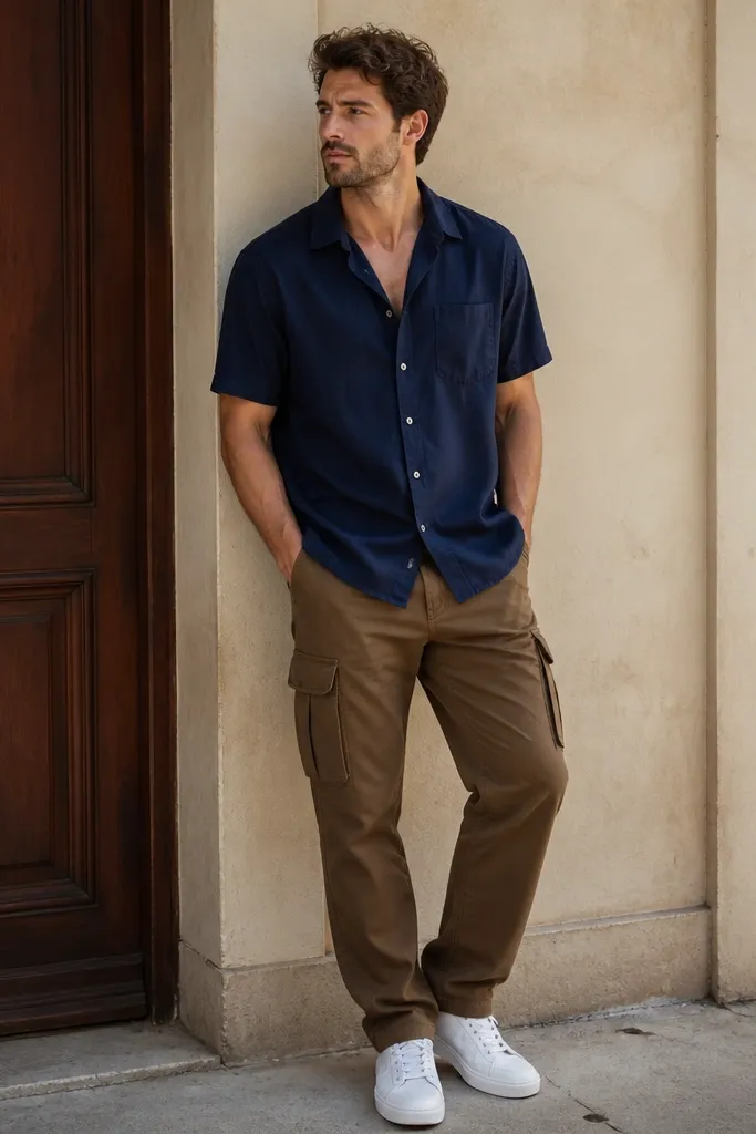 A man wearing a navy short-sleeve button-up shirt with a slightly open collar. He has brown cargo pants and clean white sneakers. The shirt is worn untucked with a relaxed drape.