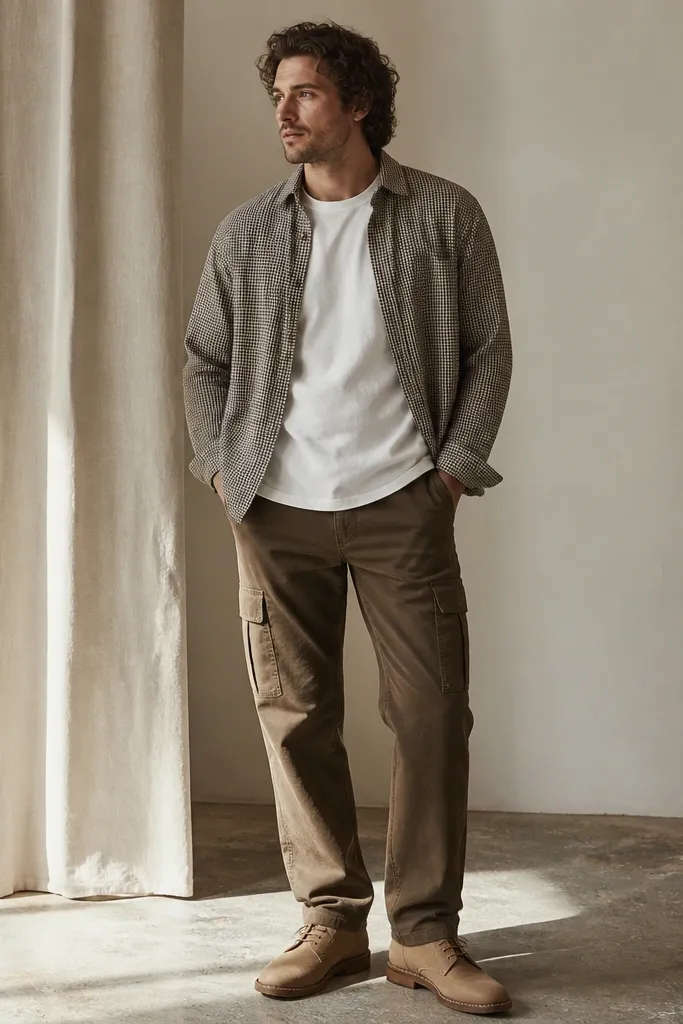 A man in a plain white T-shirt under a small-check patterned overshirt. He wears brown cargo pants and tan derby-style shoes. The overshirt is worn open.