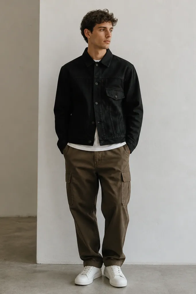 A man wearing a black denim jacket over a white crewneck tee. He has brown cargo pants and white low-top sneakers. The denim jacket is buttoned at the top.