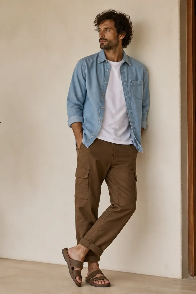 A man in a light blue chambray button-up worn open over a white tee. He wears brown cargo pants with the hems slightly rolled. Brown slide sandals finish the look.