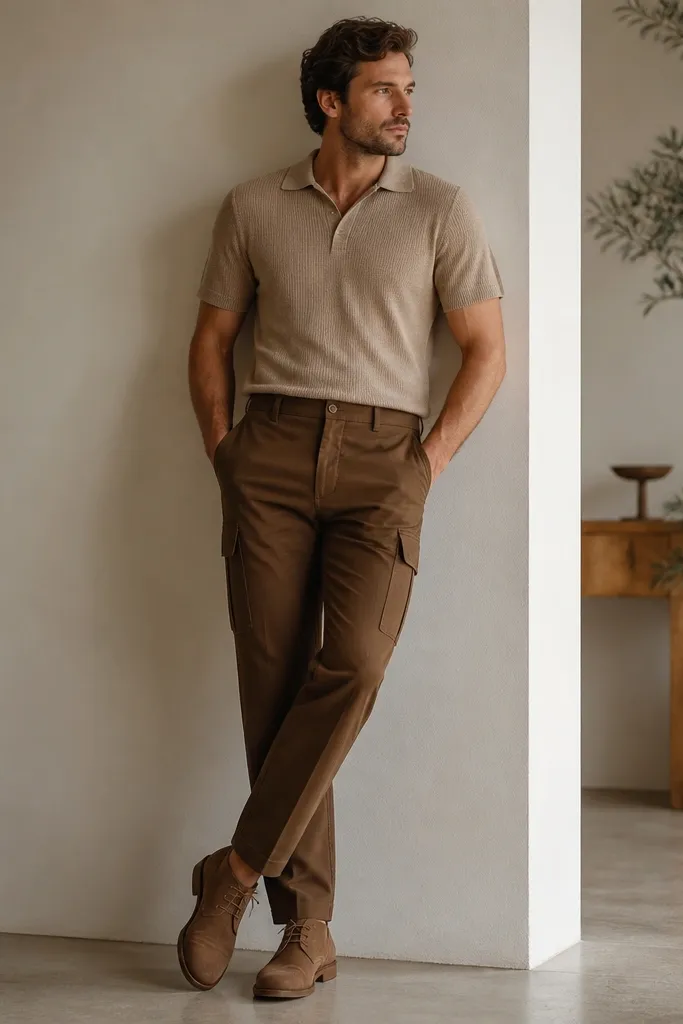 A man wearing a tan knit polo shirt with a ribbed collar. He has brown cargo pants and suede chukka boots in warm brown. The polo is tucked in.