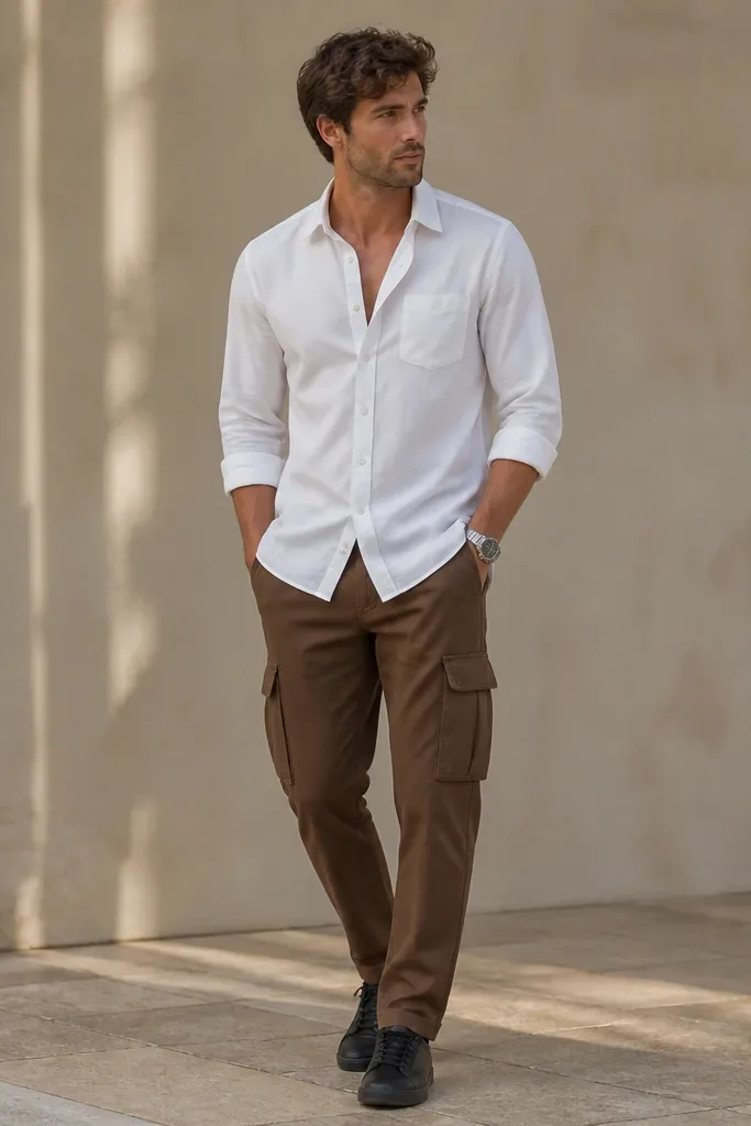 A man wearing a crisp white button-up shirt worn half-tucked into tobacco brown cargo pants. He has black sneakers and a simple silver watch.
