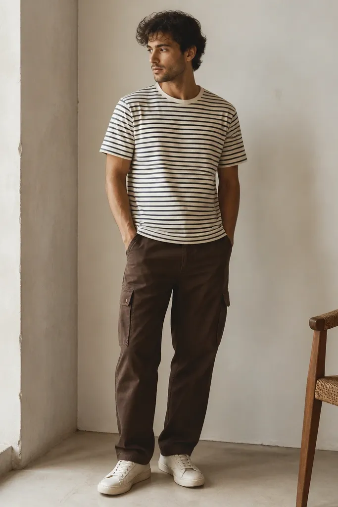 A man wearing a thin horizontal striped tee in off-white and navy. He has chocolate brown cargo pants and off-white sneakers. The tee is untucked.