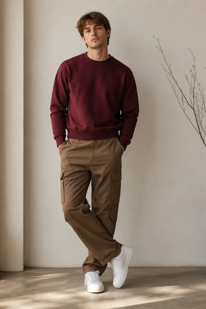 A man wearing a burgundy crewneck sweatshirt with ribbed cuffs. He has brown cargo pants and clean white sneakers. The sweatshirt is slightly cropped at the waist.