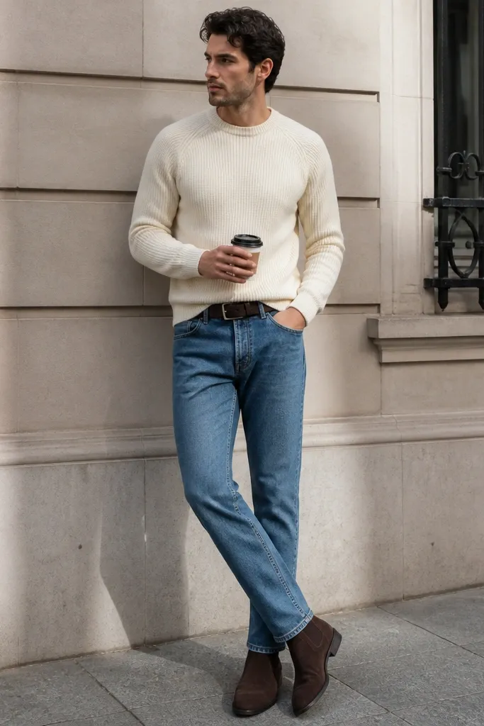 A man wearing chocolate-brown Chelsea boots with a low profile. He has on an ecru ribbed crewneck sweater, a medium-wash straight-leg jean with a slight break, and a dark belt. The background is a clean street scene; the boots show a matte finish and elastic sides.