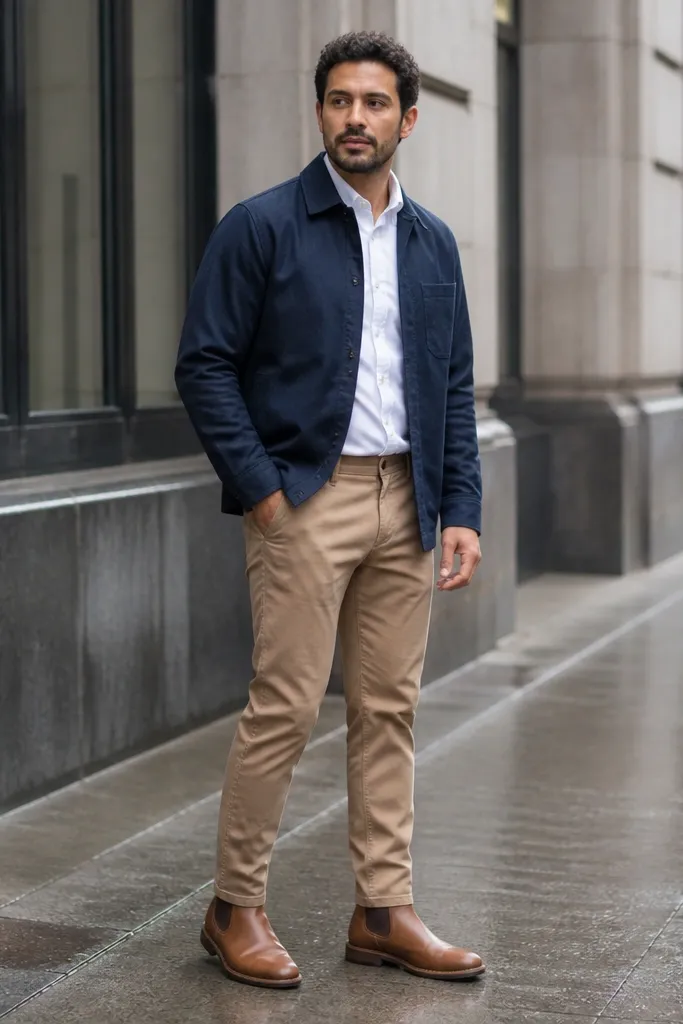 Tan-brown Chelsea boots paired with a navy workwear overshirt. The man wears tapered khaki trousers that end cleanly at the boot top. The outfit shows a simple crew tee under the overshirt and a brown leather belt.