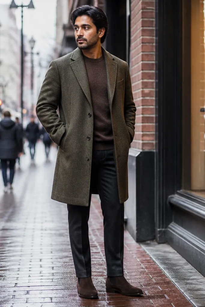 Espresso-brown suede Chelsea boots with visible nap texture. The man wears a long olive wool coat over a dark sweater and charcoal dress trousers with a slight break. The coat has a clean lapel and structured shoulders.