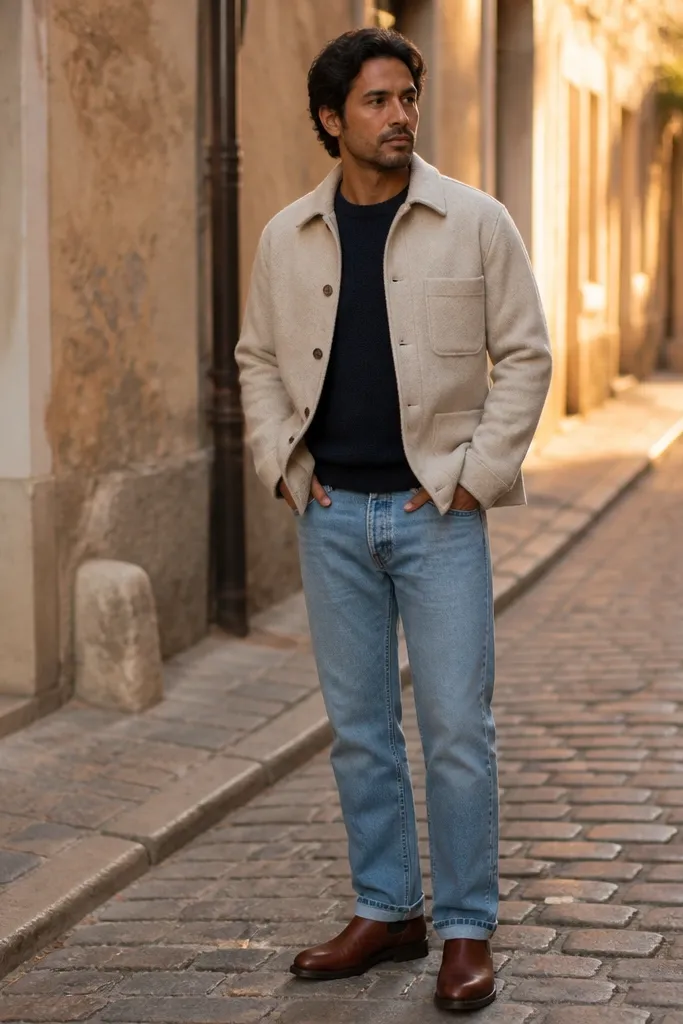 Cognac-brown Chelsea boots with a slightly glossy leather. The man wears an oatmeal overshirt and light blue selvedge jeans. The jeans show a clean hem break and subtle cuffing; the boots are the focal point.