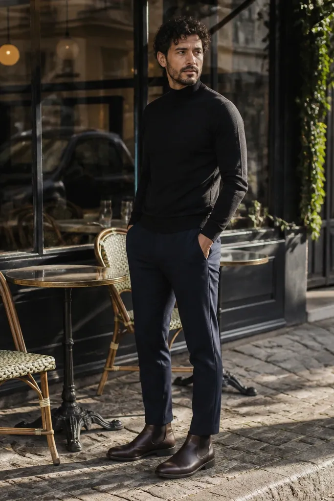 Dark brown Chelsea boots paired with a black ribbed turtleneck. The man wears navy chinos with a straight fit and a clean break. The outfit is minimal, with a slim belt and no extra layers.