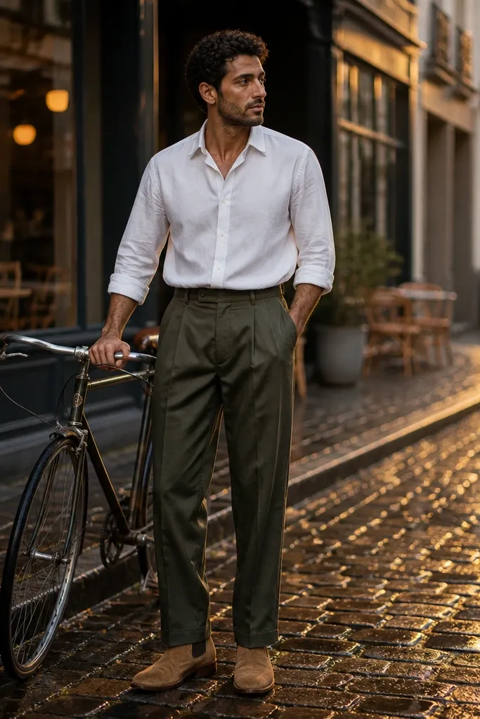 Tan Chelsea boots with a light tan leather upper. The man wears a crisp white button-down and olive pleated trousers with a wider leg and a controlled break. The shirt is tucked in; the belt is medium brown.