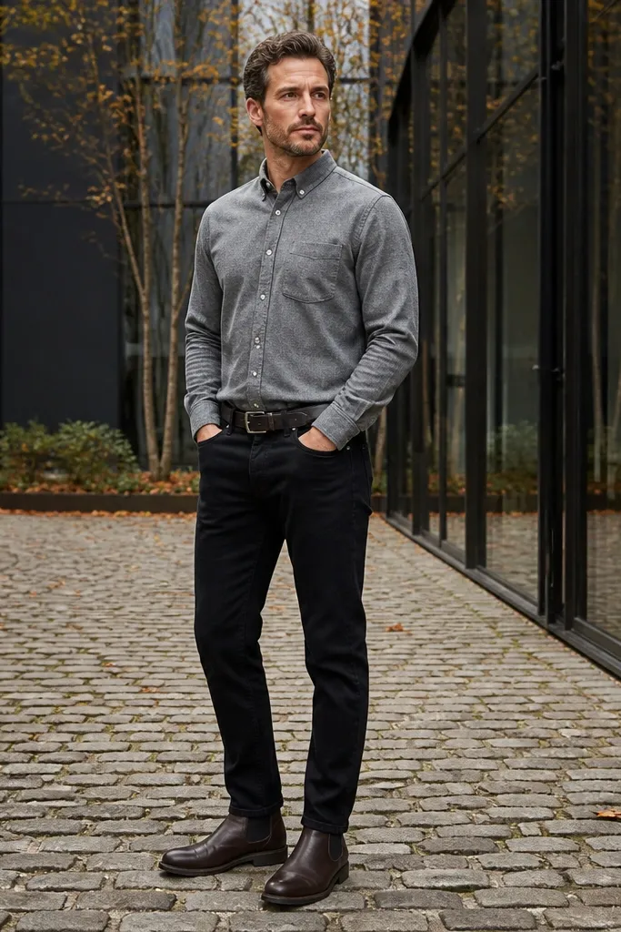 Espresso-brown Chelsea boots paired with a mid-gray flannel button-up and black straight jeans. The jeans show a slight break over the boot without stacking. The look is casual but clean with a simple leather belt.