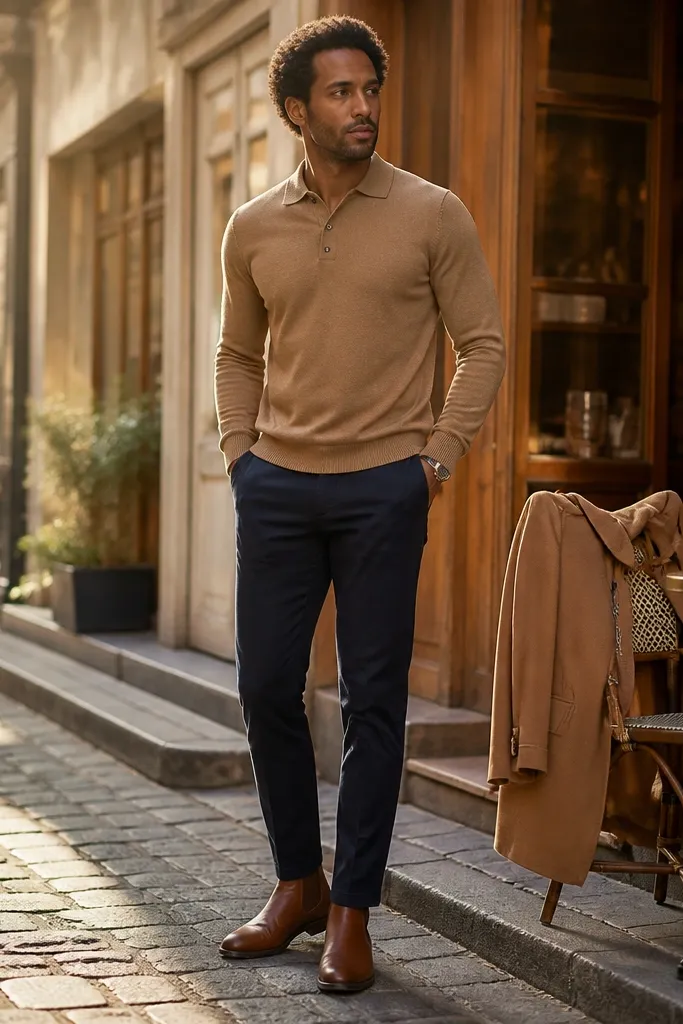Cognac-brown Chelsea boots with a knit camel polo. The man wears navy chinos with a tapered fit and a crisp hem. The polo has a short placket and ribbed collar; the belt matches the boots.