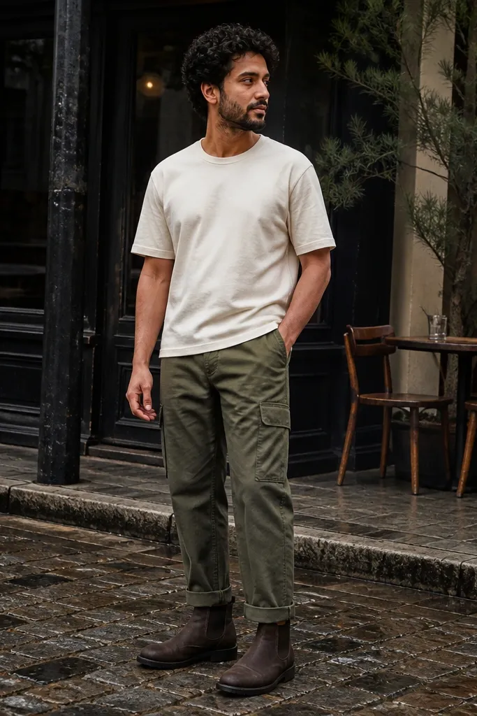 Dark brown Chelsea boots with a cream crew t-shirt. The man wears olive cargo trousers with visible pockets and a cropped hem that shows the boot. The outfit is outdoorsy but still neat, with a brown leather belt.
