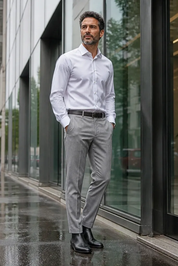 Black Chelsea boots paired with light gray suit trousers. The man wears a white dress shirt tucked in and a simple dark jacket or blazer. The trousers have a clean break and fall straight into the boot.