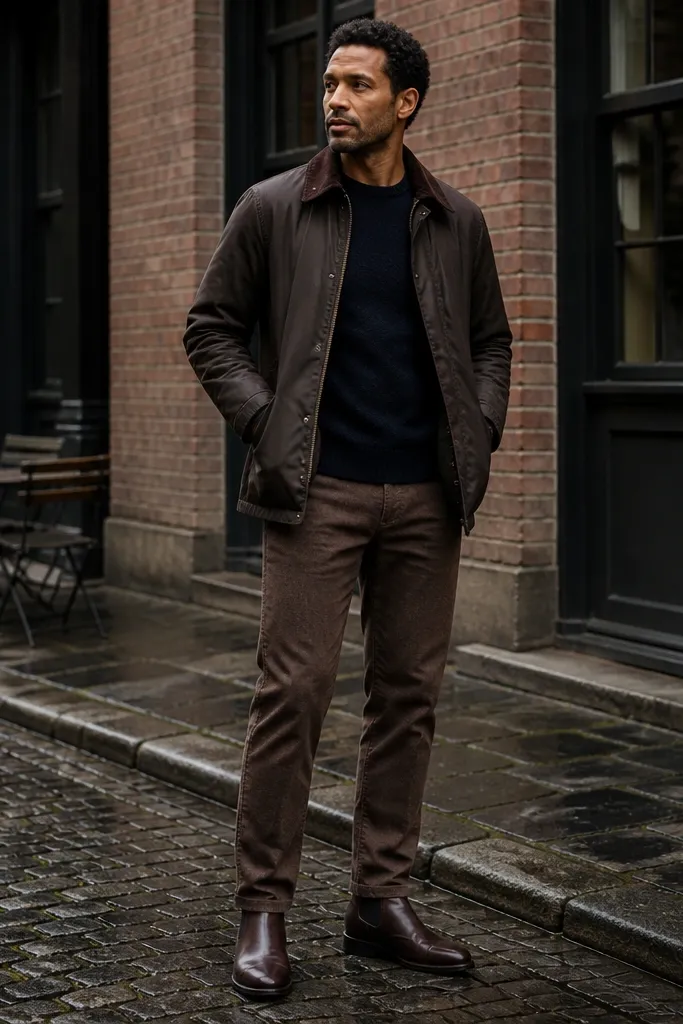 A pair of olive-leaning dark Chelsea boots (appearing deep brown-green) paired with a navy knit sweater. The man wears brown-wash denim with a slight taper and a clean break. The outfit has warm lighting so the denim fade looks natural.