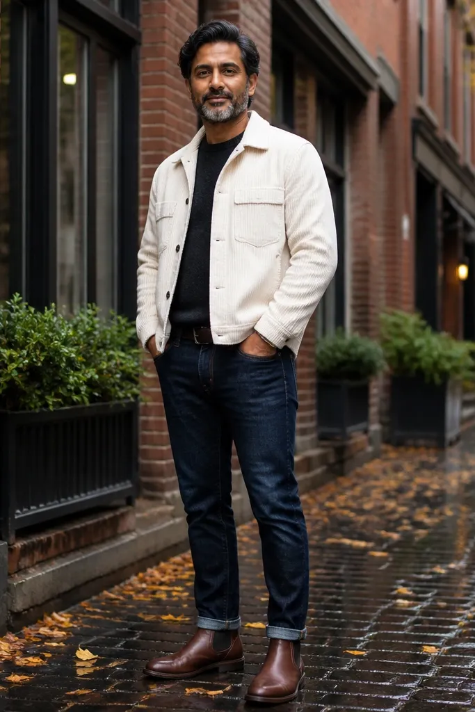 Rust-brown Chelsea boots with a cream corduroy jacket. The man wears dark indigo jeans with a slight break and a plain tee underneath. The corduroy has visible wale texture, and the jacket collar is turned down.