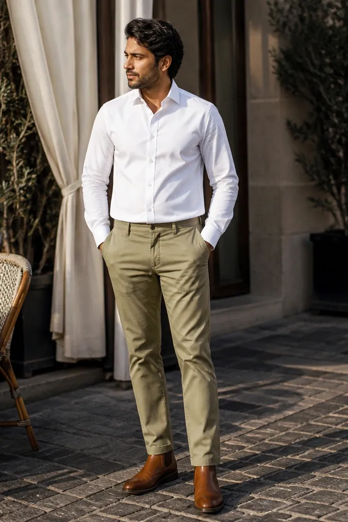 Cognac Chelsea boots paired with a white Oxford button-down. The man wears light olive chinos with a clean break at the boot top. The shirt is tucked neatly and the sleeves are unrolled.