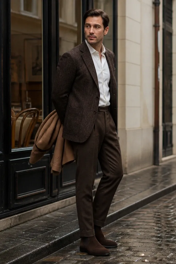 Chocolate-brown Chelsea boots with a brown tweed blazer. The man wears matching warm brown trousers with a straight leg and a clean hem break. A light shirt peeks from the collar; the outfit looks classic and textured.