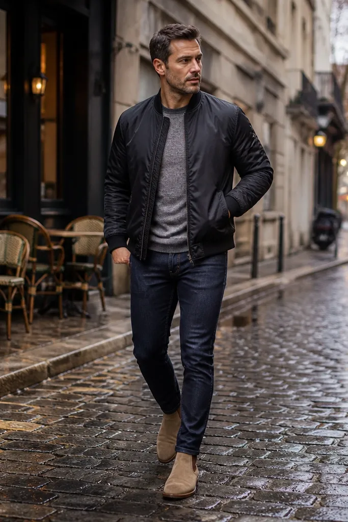 Tan Chelsea boots with a black bomber jacket. The man wears a heather gray knit tee and slim dark jeans with a controlled break at the boot. The bomber has ribbed cuffs and a clean zipper line.