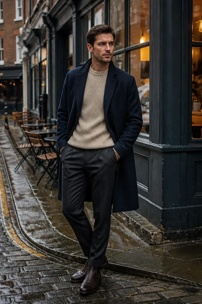 Dark brown Chelsea boots under a navy overcoat. The man wears a beige knit crew and dark trousers with a straight hem. The overcoat has a structured collar and falls to mid-thigh.