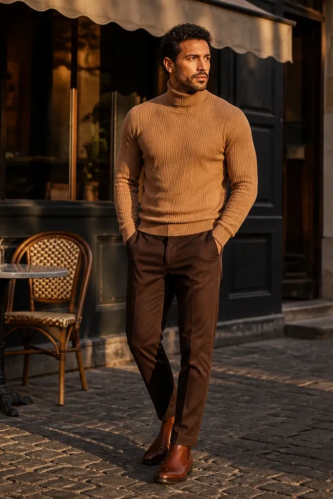 Cognac Chelsea boots with a light camel turtleneck sweater. The man wears dark brown chinos with a clean break and a medium-brown belt. The outfit is warm and monochrome, photographed outdoors in soft light.