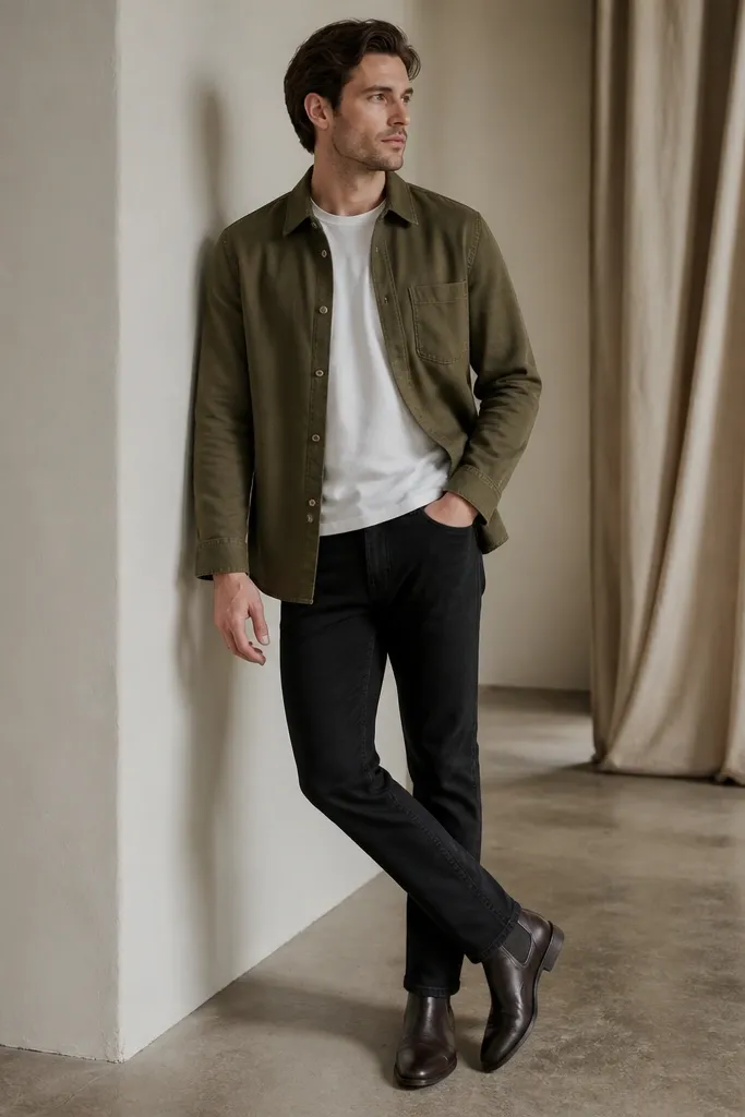 Espresso-brown Chelsea boots paired with a white t-shirt. The man wears an olive overshirt and black jeans with a straight fit and clean hem break. The overshirt has a button front and visible seams.