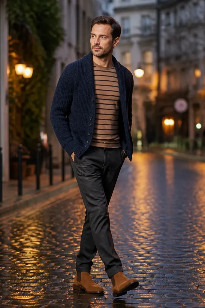 Tan Chelsea boots with a striped tee (white and navy) and a navy cardigan. The man wears dark chinos with a clean break. The cardigan buttons are visible and the outfit looks cozy.