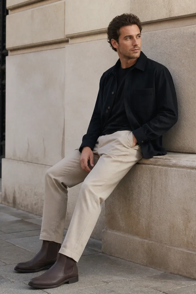 Chocolate Chelsea boots with a black overshirt and oatmeal trousers. The man wears a dark tee under the overshirt and light beige trousers that end at the boot top. The boots look matte and clean.