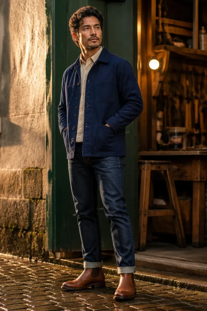 Cognac Chelsea boots with a navy chore coat. The man wears indigo jeans with a slight break and a visible cuff. The chore coat has thick buttons and a workwear collar.