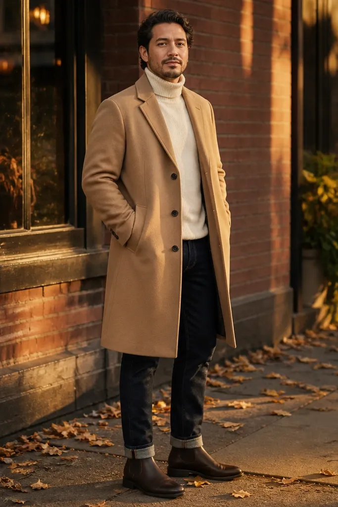 Espresso-brown Chelsea boots with a cream turtleneck sweater and a camel overcoat. The man wears charcoal trousers with a straight hem. The overcoat has a clean single-breasted front and visible lapels.
