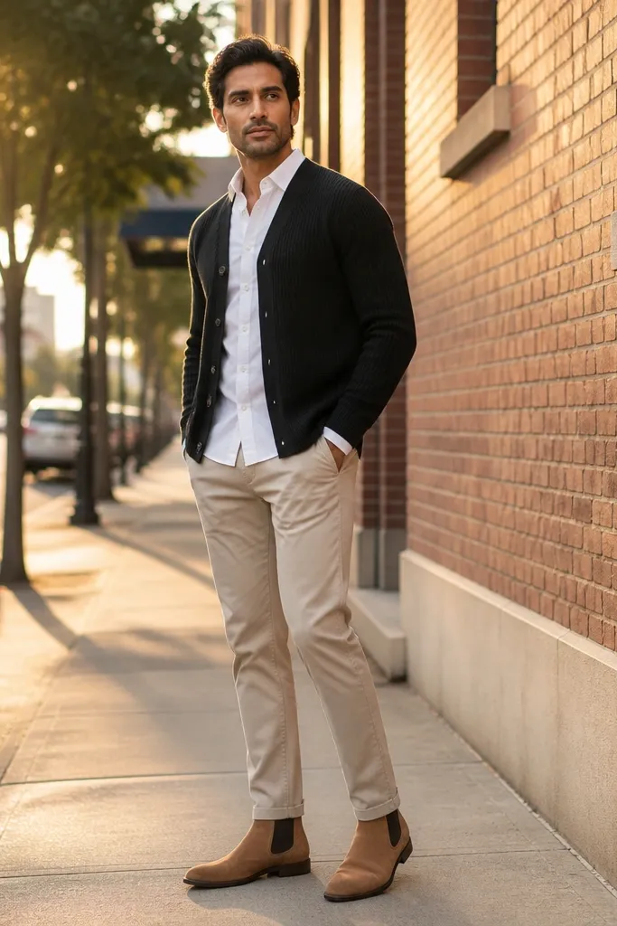 Tan-brown Chelsea boots with a black knit cardigan. The man wears a beige crew tee and beige chinos with a clean hem break. The cardigan is buttoned or worn open, showing the layers.