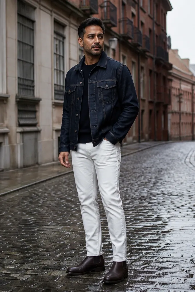Chocolate Chelsea boots with a navy denim jacket. The man wears white jeans with a slight break and minimal cuff. The outfit is high contrast and crisp, with a simple white tee inside.
