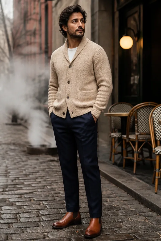 Cognac Chelsea boots with an oatmeal cardigan. The man wears navy trousers with a straight leg and clean hem break. A light shirt is visible underneath; the outfit looks cozy and polished.