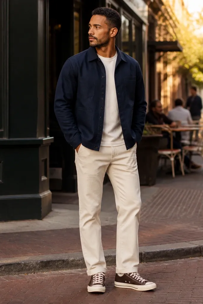 Cream chinos with brown Converse and a navy overshirt