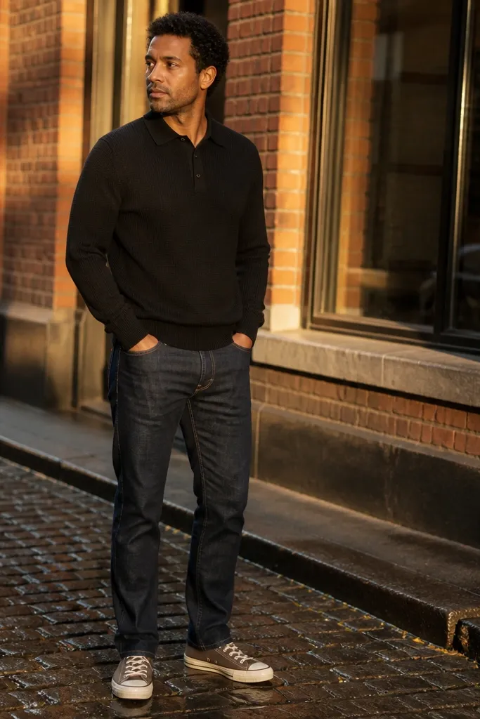 Dark indigo jeans with espresso Converse and a black knit polo
