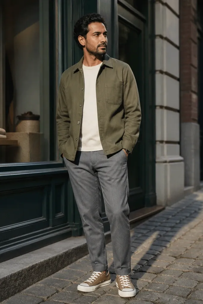 Olive overshirt with tobacco Converse and gray tapered pants