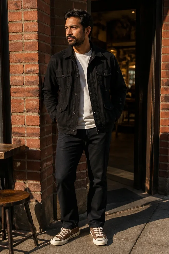 Brown Converse with a black chore jacket and off-white tee