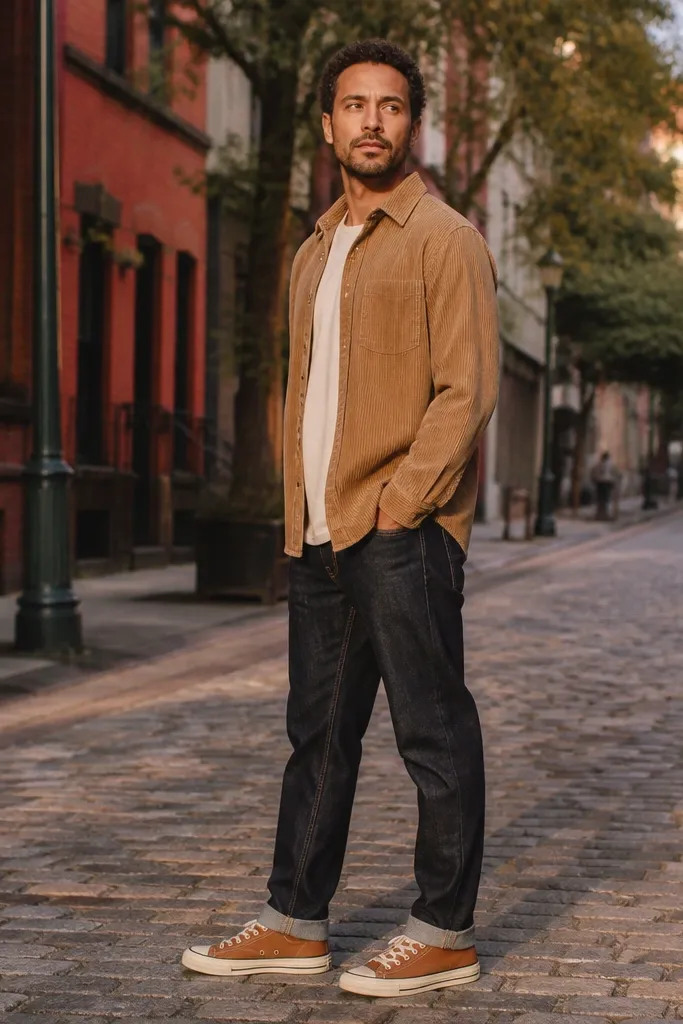 Tan corduroy overshirt with rust-brown Converse and dark jeans