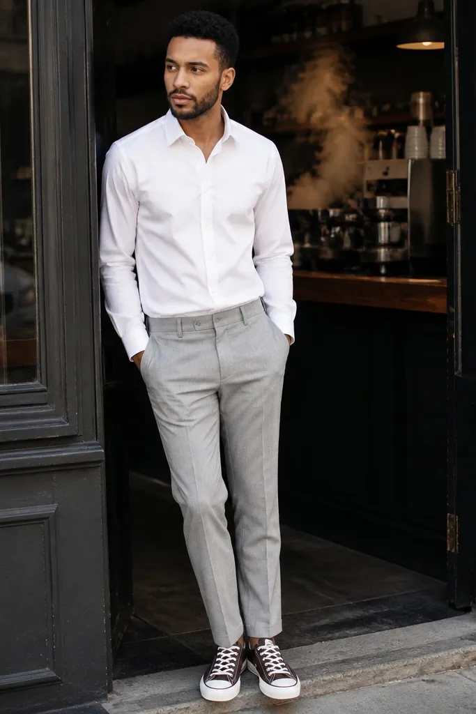 Light gray trousers with espresso Converse and a white oxford shirt