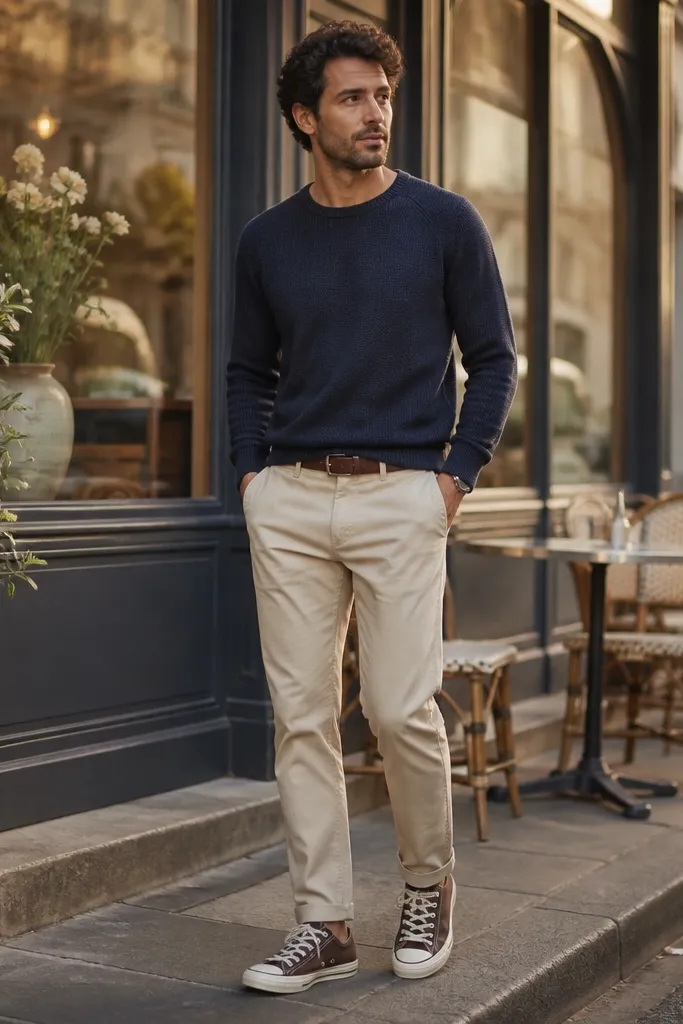 Navy knit sweater with brown Converse and stone chinos